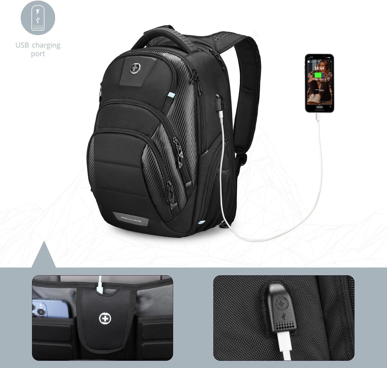 Swissdigital Design Men's 17 Inch Laptop Backpack with Apple Find My Network and USB Charging Port, Large Capacity Business Travel Backpack for College and Business Black | SD1643FB-01