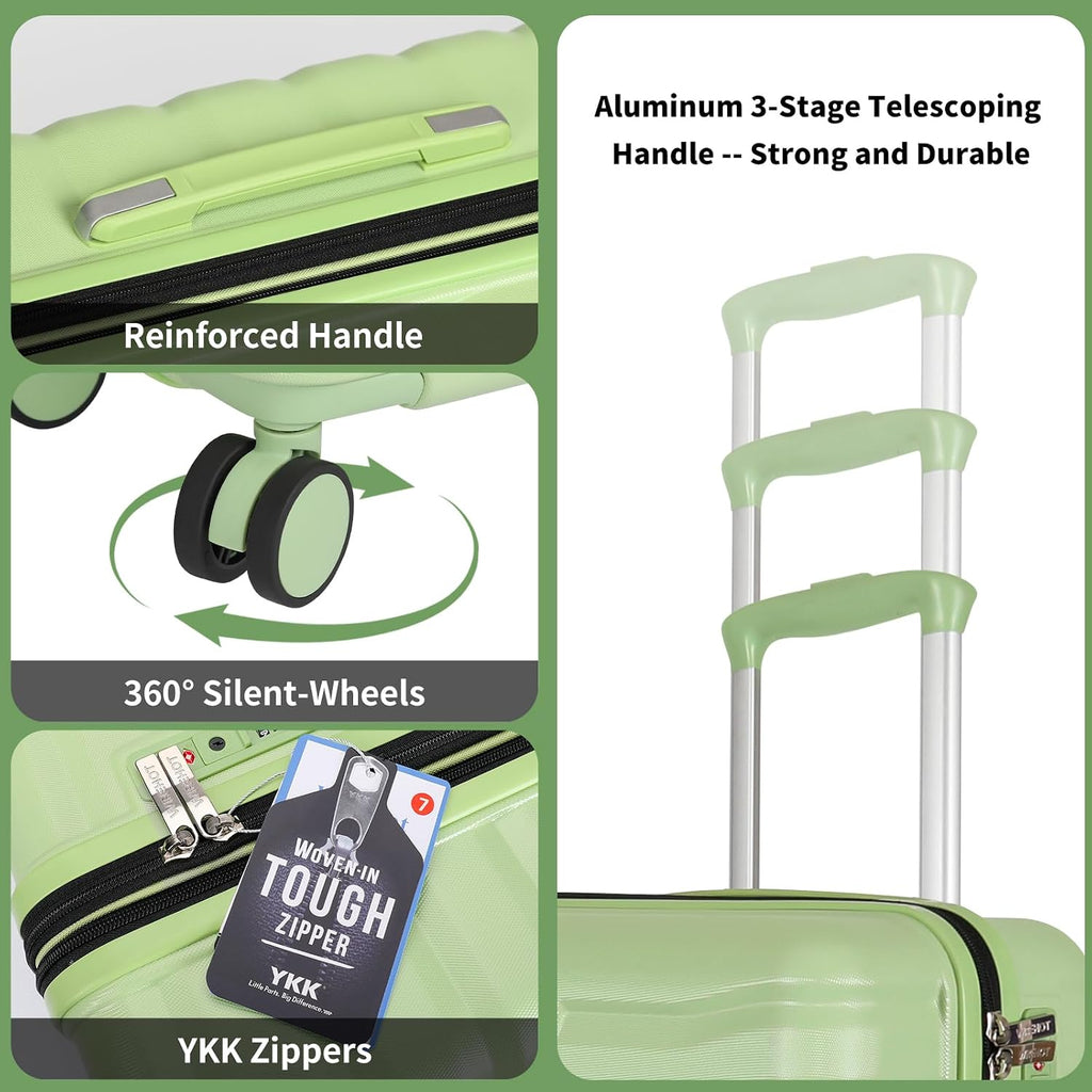 WireHot Lightweight Luggage with Spinner Wheels & YKK Zipper, 3-Piece Travel Suitcase ABS+PC Hardshell Luggage Set with TSA Lock, Light Avocado Green (20+24+28 inch)