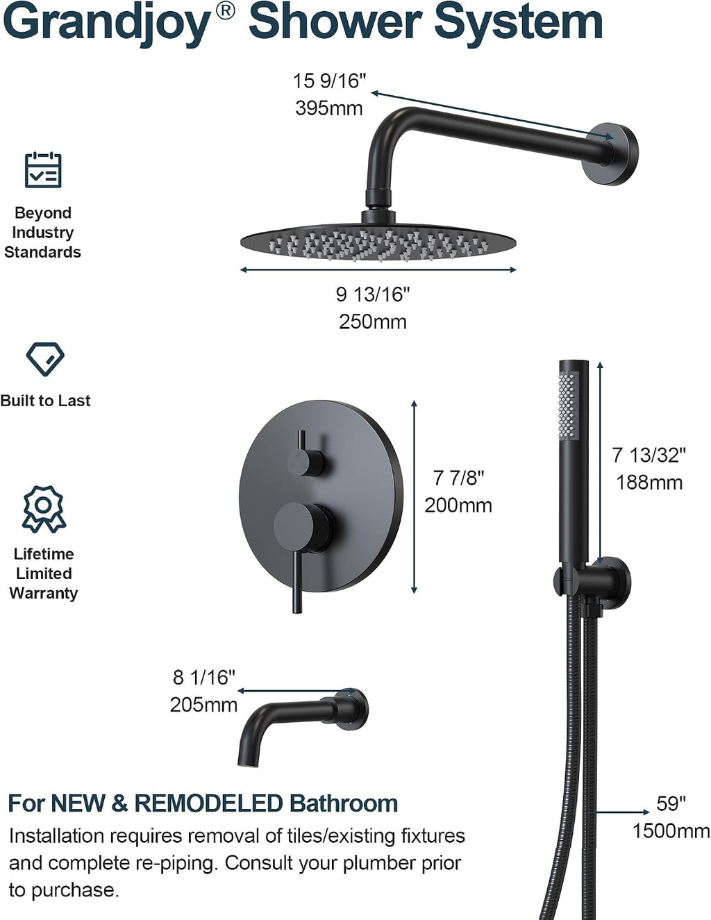 10 Inch Round Shower Faucet Set with Tub Spout, High Pressure Rainfall Shower Head and Handheld Sprayer Combo, Matte Black