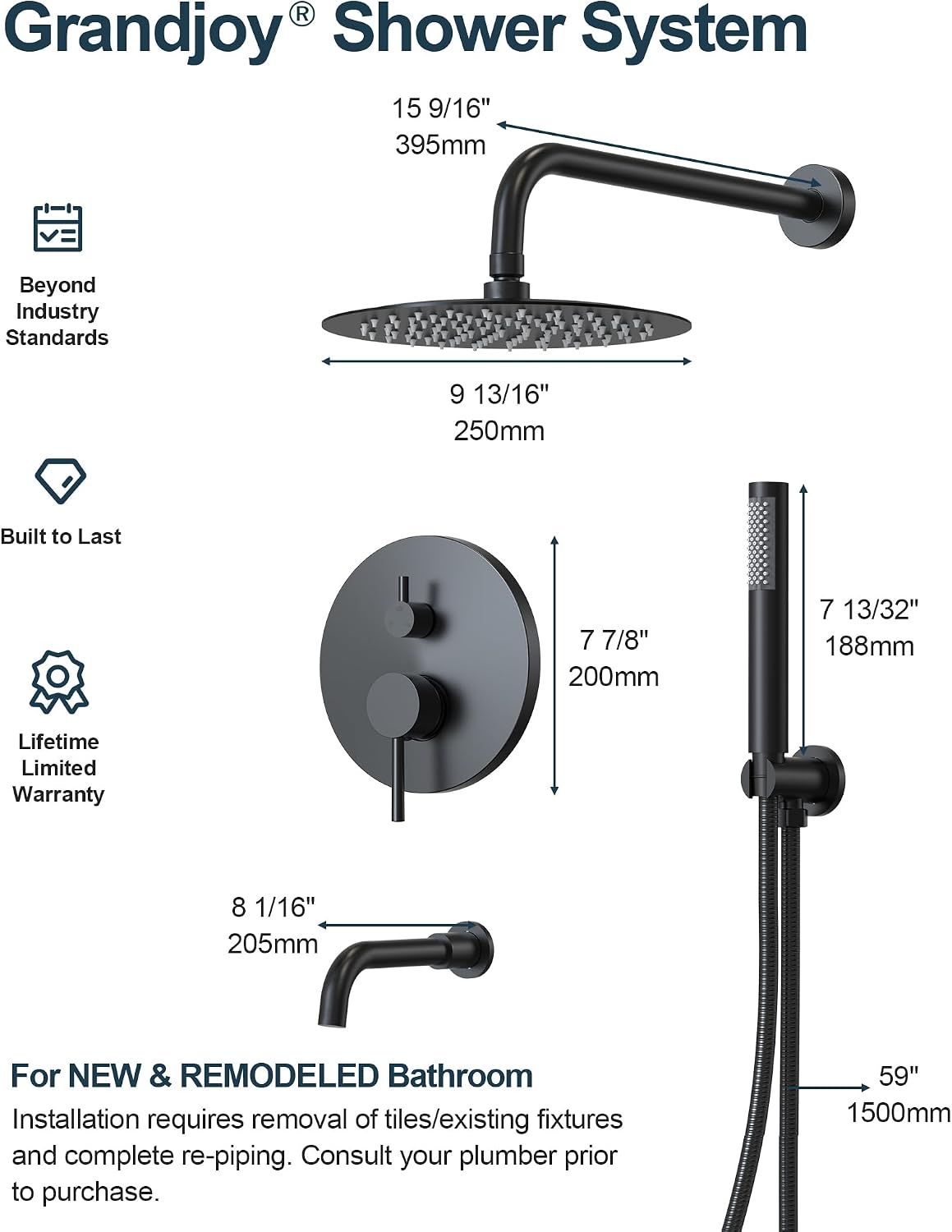10 Inch Round Shower Faucet Set with Tub Spout, High Pressure Rainfall Shower Head and Handheld Sprayer Combo, Matte Black
