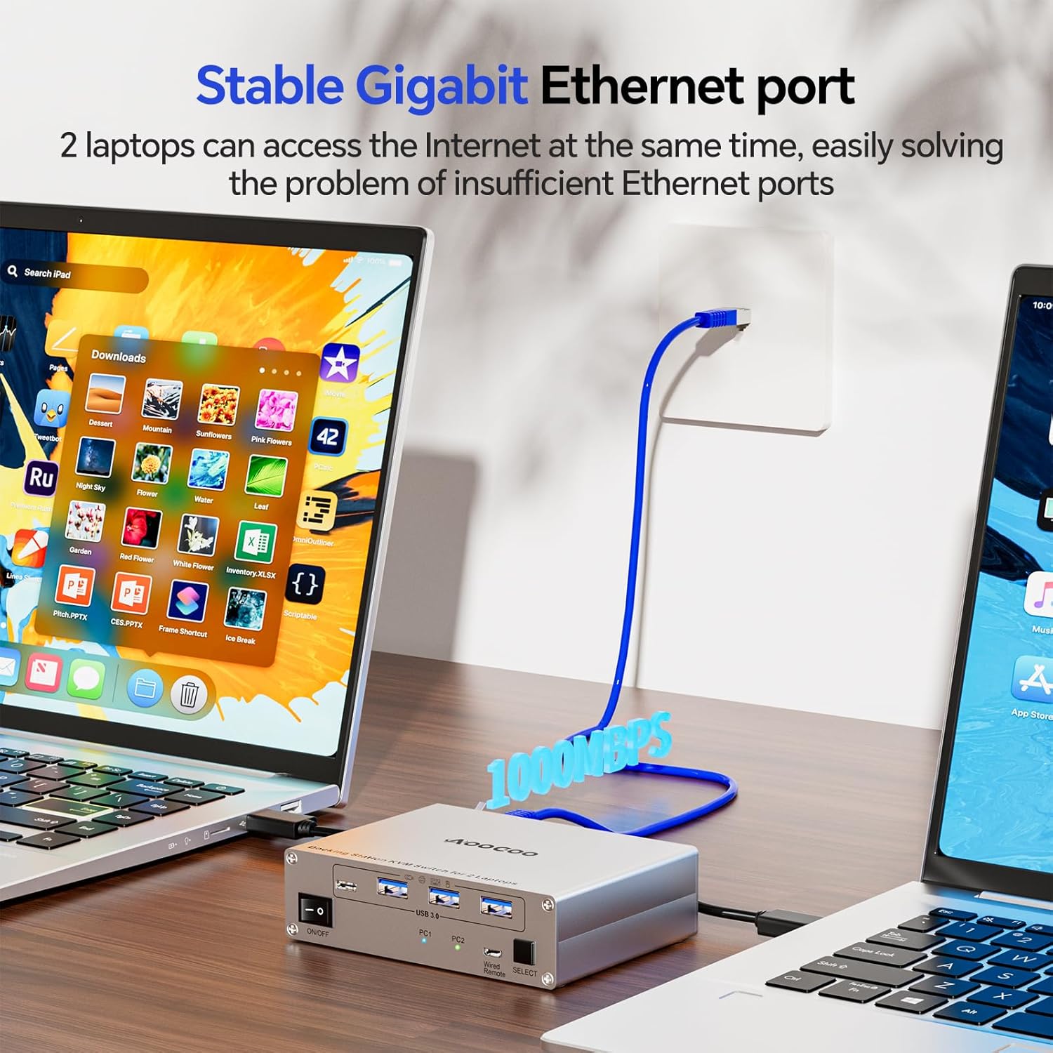 USB C KVM Switch 2 Monitors 2 Laptops,4K @60Hz MST Dual Monitor KVM Switch for 2 Computer, 100W PD and 1G Ethernet,Wired Remote Control and USB C Cables,Silver 11 cm