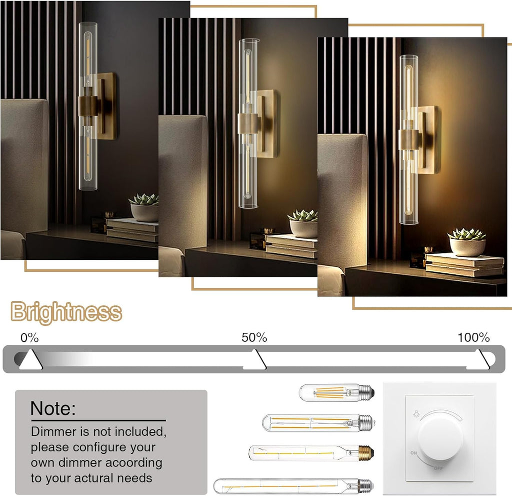 YUYI Brass Wall Sconces Set of Two, 22.8'' Gold Bathroom Sconces Wall Decor with Clear Glass Shade, Indoor Vanity Wall Lights for Bathroom Living Room Bedroom Hallway Fireplace Staircase