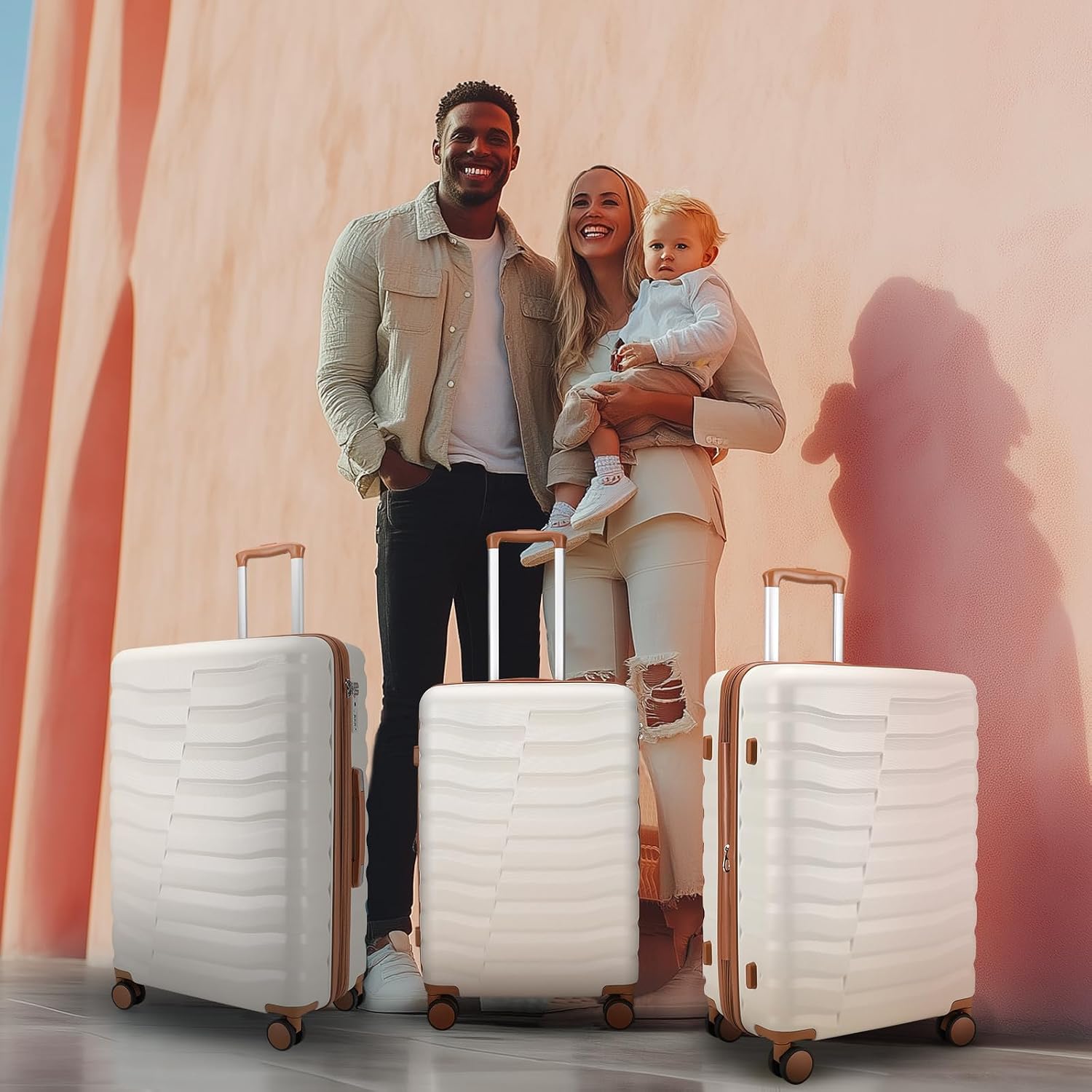 WireHot Lightweight Luggage with Spinner Wheels & YKK Zipper, 3-Piece Suitcase ABS+PC Hardside Luggage Set with TSA Lock for Women Men, Apricot Off White (20+24+28 inch)