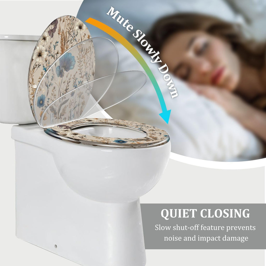 Elongated Toilet Seat Elegant Floral Blue White Golden Accents Butterflies Resin Toilet Seat Quietly Close Quick Release Hinges with Cover Bumpers Decorative Easy to Install Clean