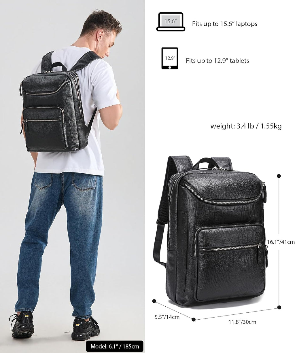 LANNSYNE Full Grain Leather Backpack For Men, 15.6' Leather Laptop Backpack Hiking Travel Bag Camping Rucksack