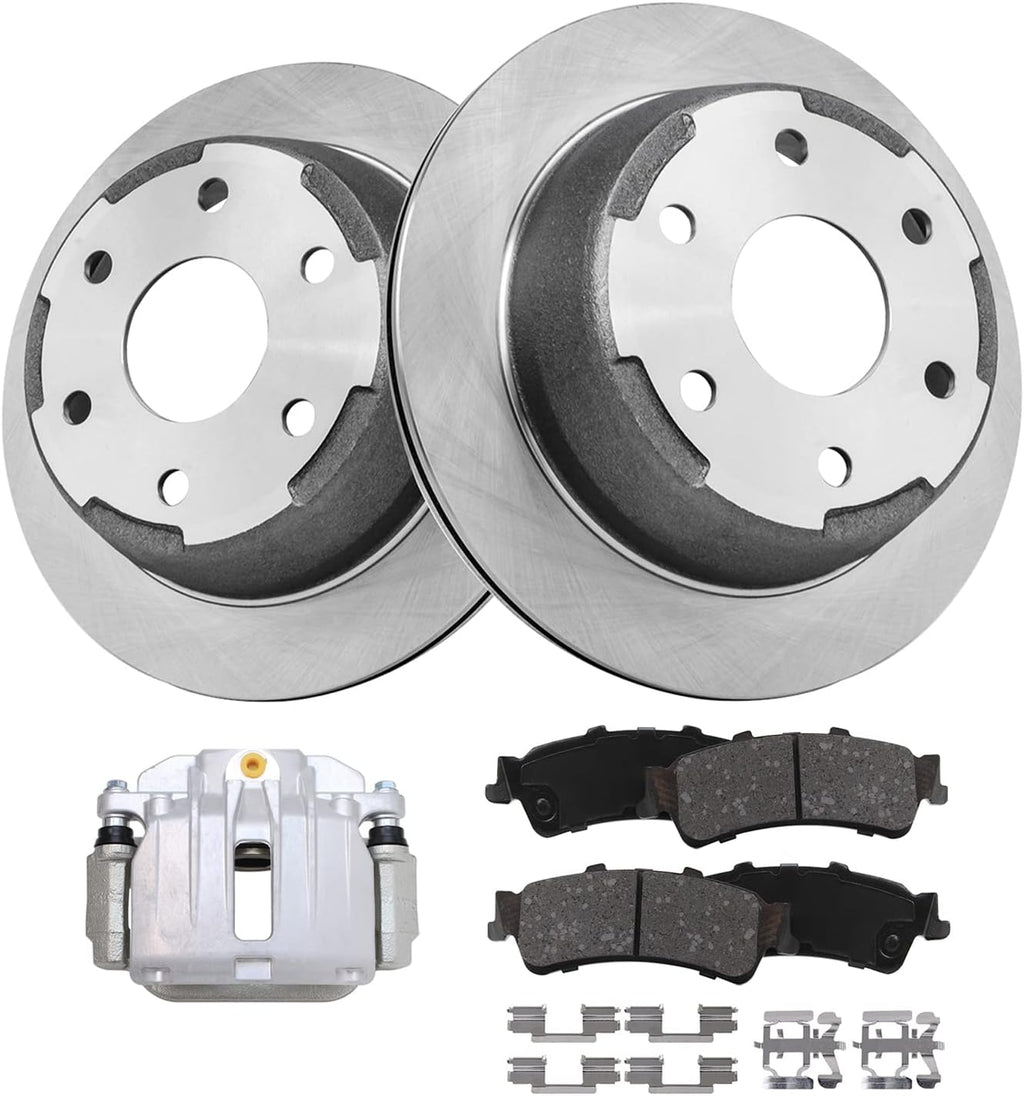 Detroit Axle - 325mm Rear Disc Rotors Brake Pads + Left Brake Caliper Replacement for Sierra Silverado 1500 Astro Tahoe Safari Yukon - 5pc Set