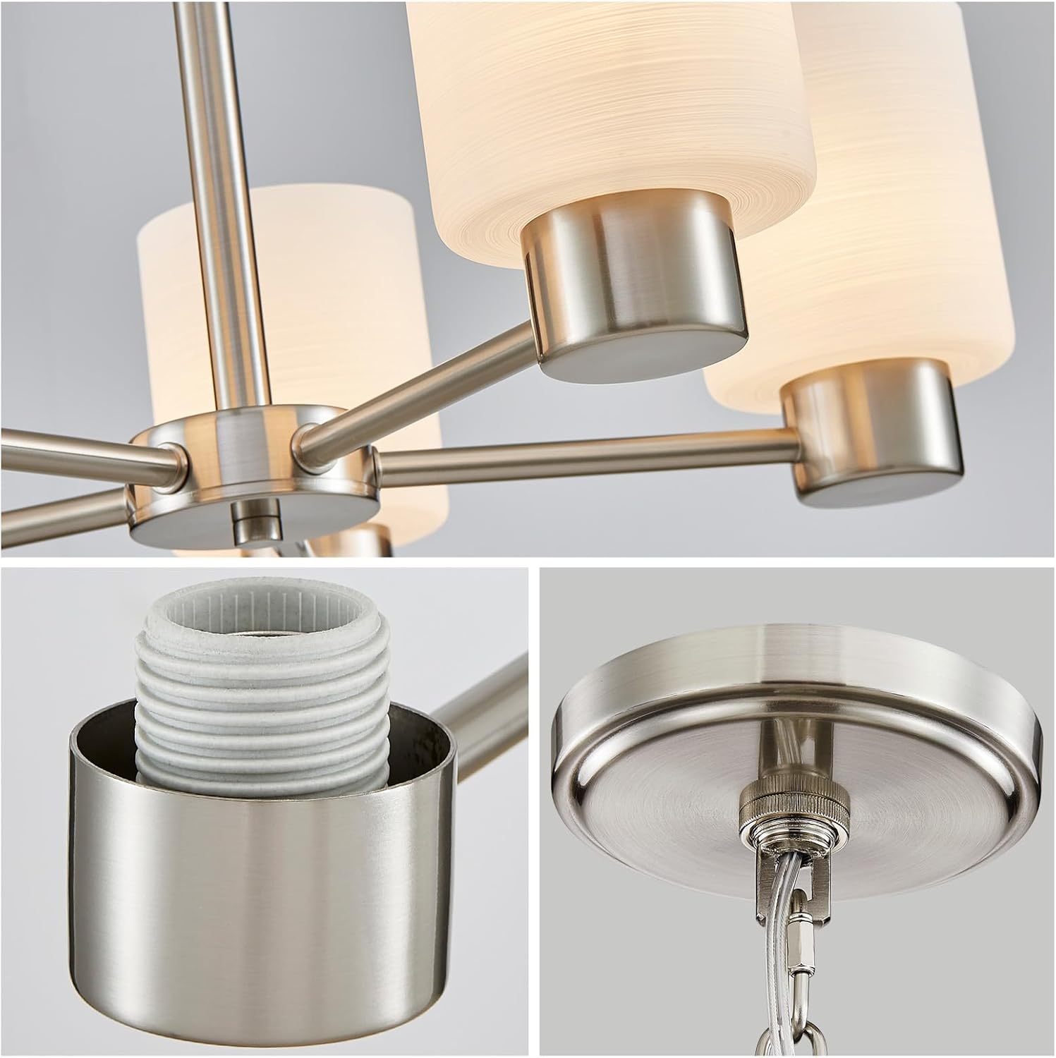 WUZUPS 5-Light Pendant Chandelier Light Frosted White Glass Shade with Grain Ceiling Lighting Elegant Modern Fixture Bathroom Kitchen Dining Room Entry Foyer, H 15.8' W21, E12 Base, Brushed Nickel