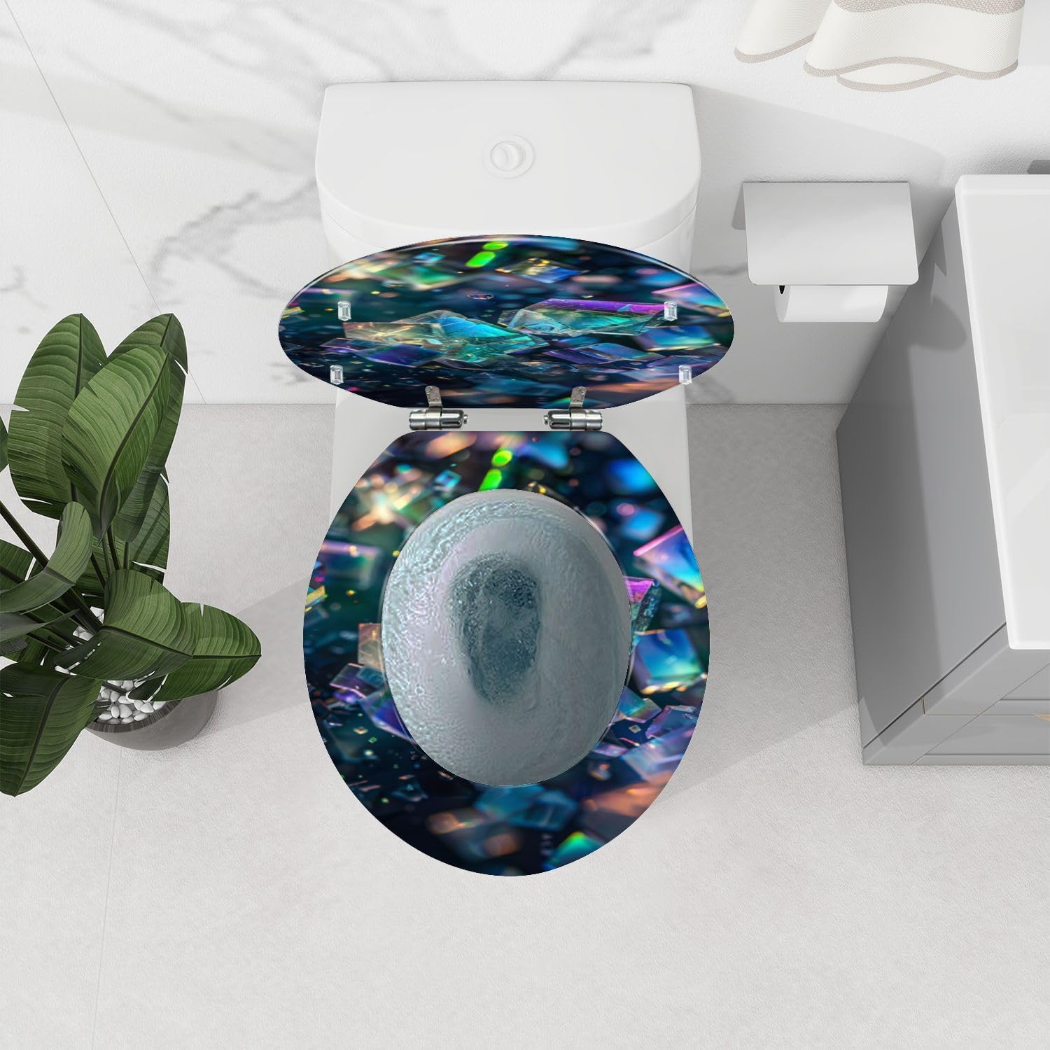 Round Toilet Seat Crystals Soft Light Otherworldly Nature Poster Resin Toilet Seat Quietly Close Quick Release Hinges Decorative Toilet Seat with Cover Easy to Install
