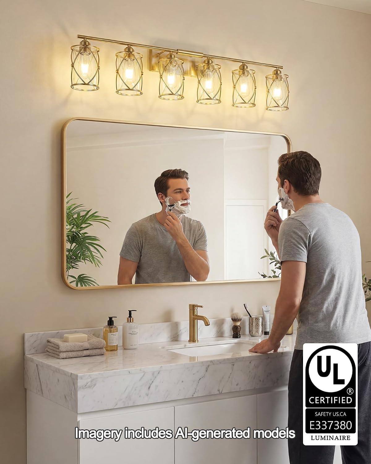 6-Light Brushed Gold Bathroom Light Fixtures Over Mirror, 42' UL-Listed Modern Wall Sconce Lights with Clear Glass and Metal Cage for Bath, Hardwire E26, CH9176BG-6W