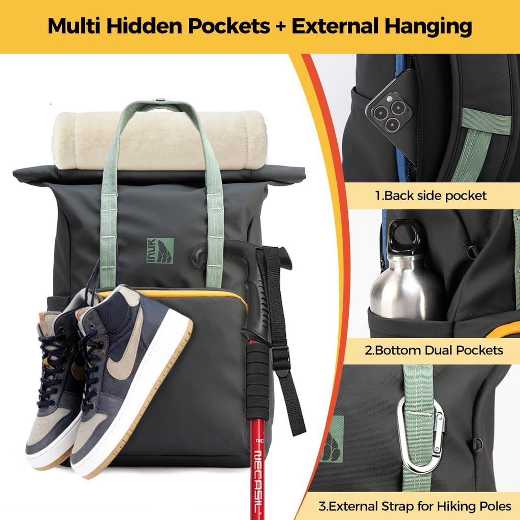 INUK Roll Top Backpack with Laptop Compartment, Gray with Mint Green Handles and Yellow Zipper Trim, Travel and Work Bag