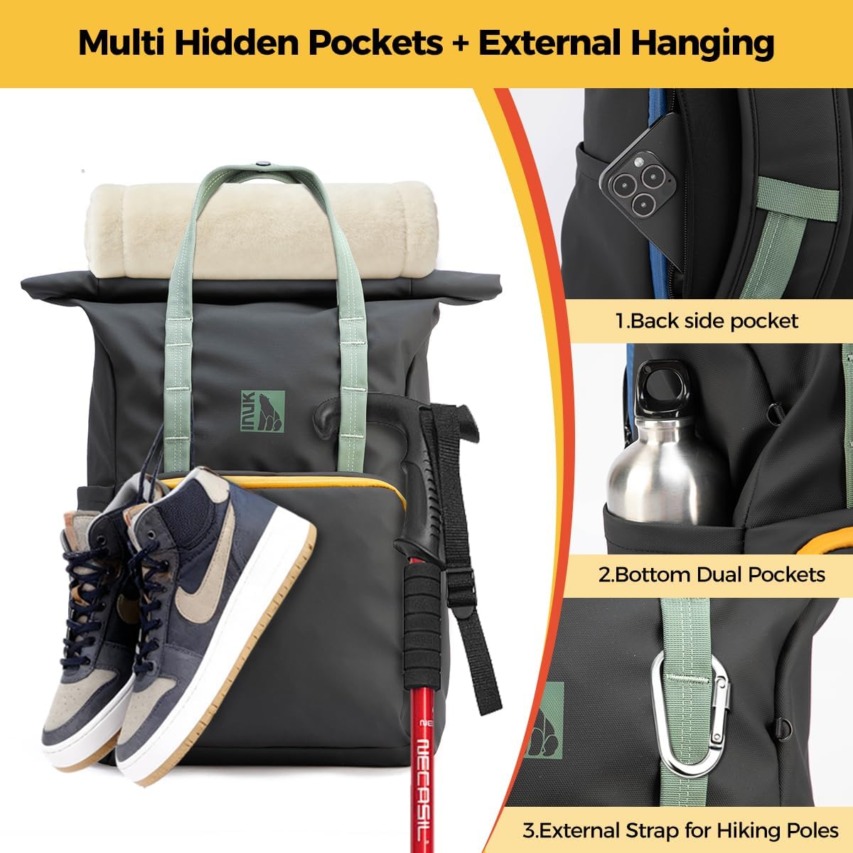 INUK Roll Top Backpack with Laptop Compartment, Gray with Mint Green Handles and Yellow Zipper Trim, Travel and Work Bag