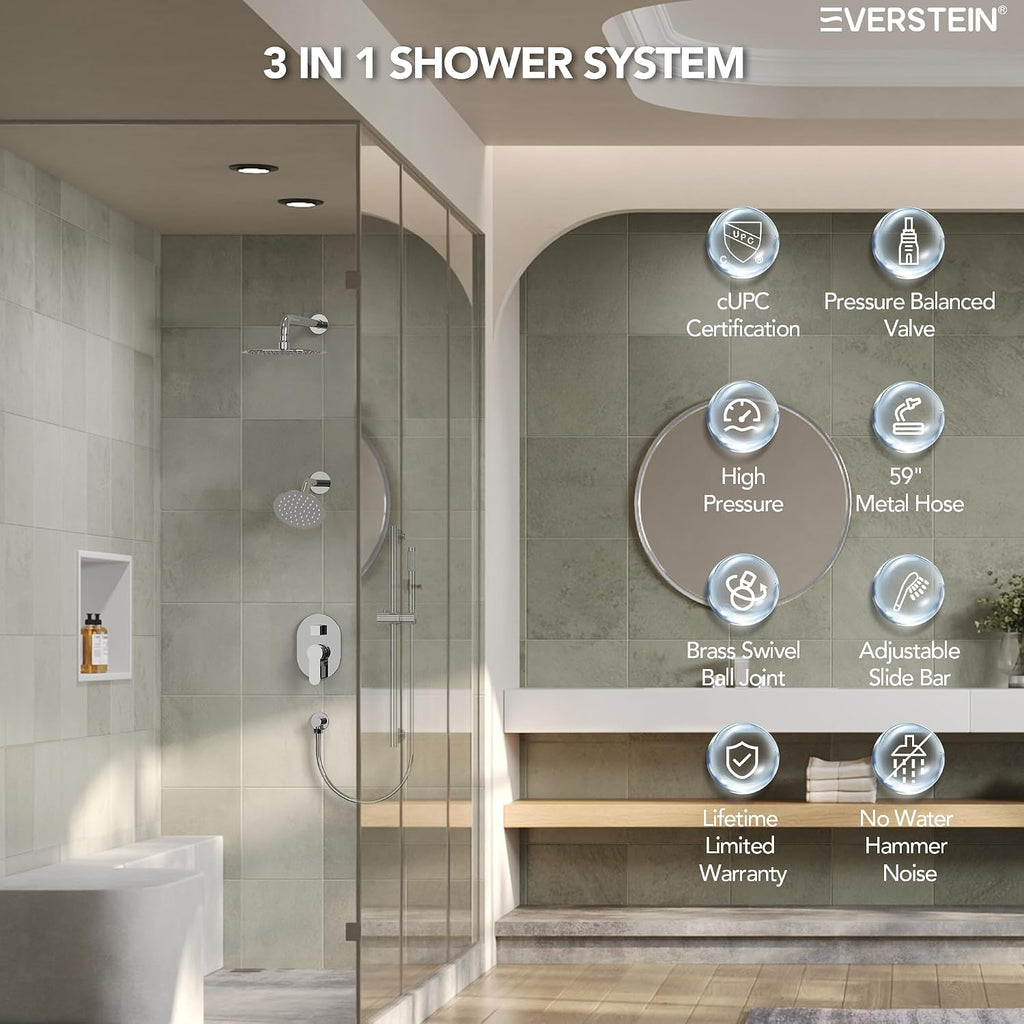 Wall Mount 10' High-Pressure Rainfall Shower Faucet with Slide Bar, Dual Rainfall Shower Head System with Valve (Polished Chrome)