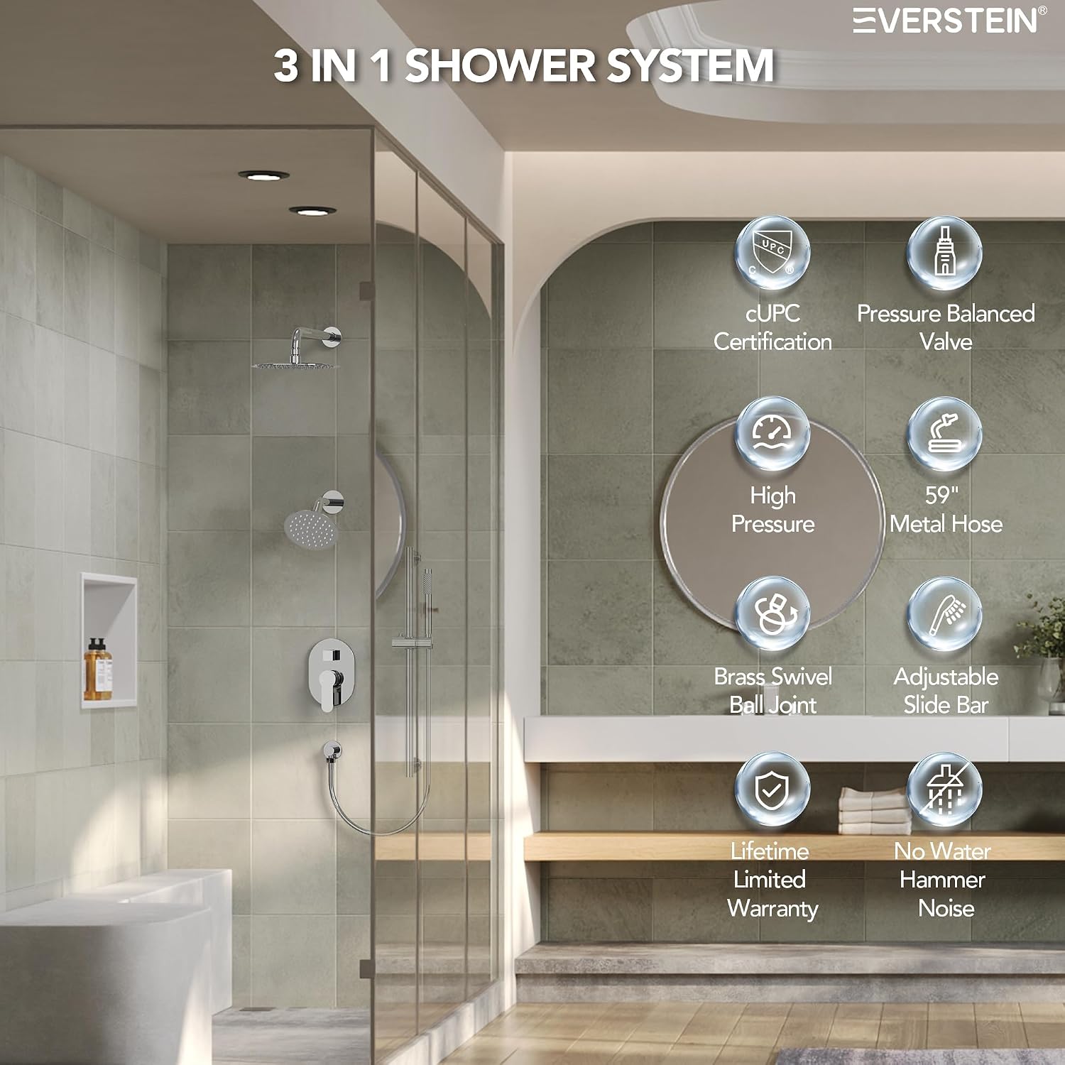 Wall Mount 10' High-Pressure Rainfall Shower Faucet with Slide Bar, Dual Rainfall Shower Head System with Valve (Polished Chrome)