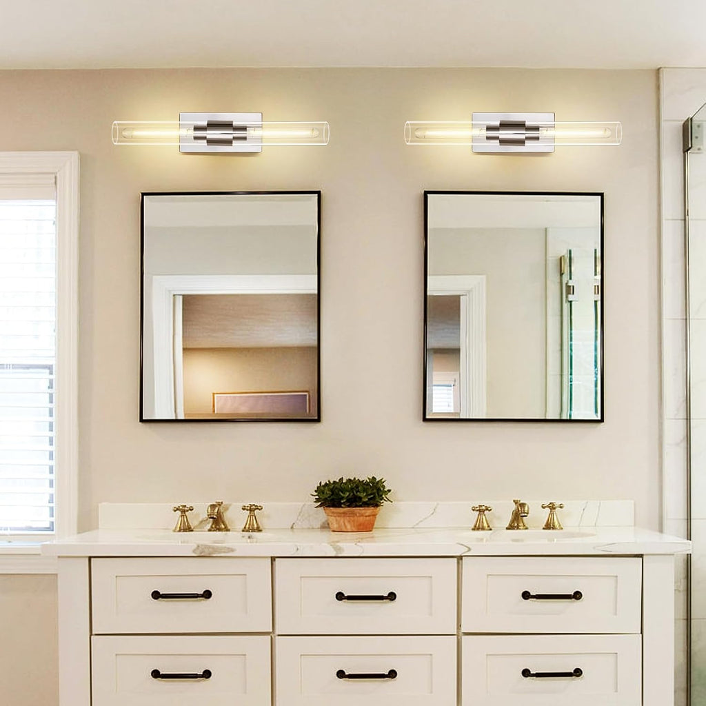 Chrome Wall Sconces, 22.8' Bathroom Sconces, Indoor Sconces Wall Lighting Up and Down, Nickel Wall Sconce Set of Two Dimmable, Vanity Lights for Bathroom with Tube, Glass Sconce for Bedroom, Staircase