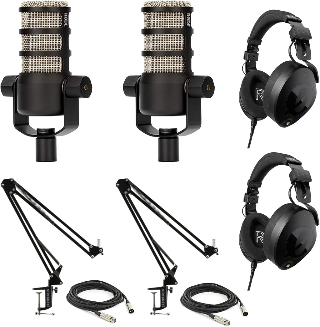 Rode PodMic Dynamic Podcasting Microphones Bundle with StreamEye BOOMARM1 Microphone Boom Arms, Rode NTH-100 Professional Closed-Back Over Ear Headphones, XLR Cables, and StreamEye Polishing Cloth