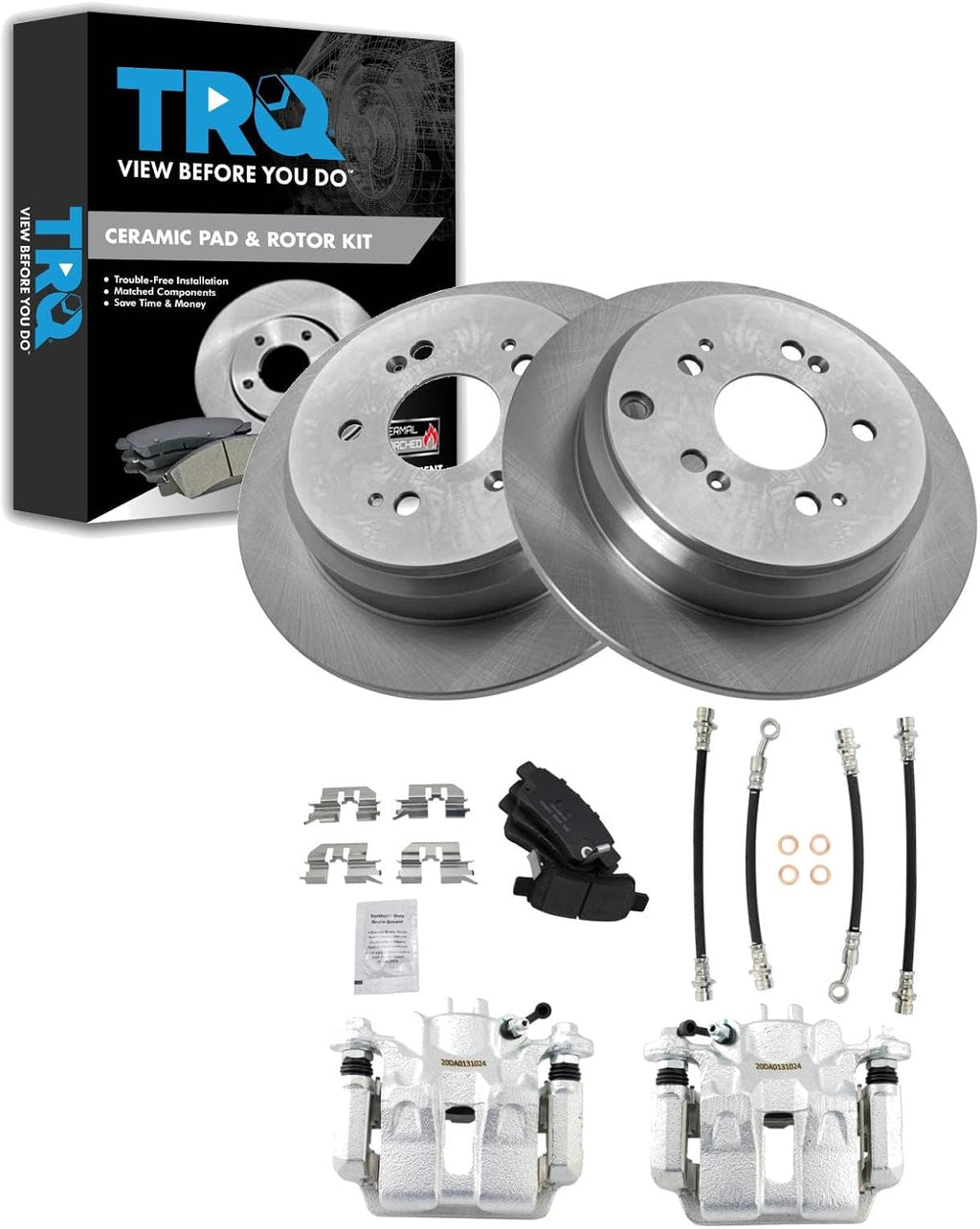 TRQ Rear Brake Pad and Rotor Set Ceramic Rotors Calipers Hoses Compatible with 2005-2006 Honda Odyssey