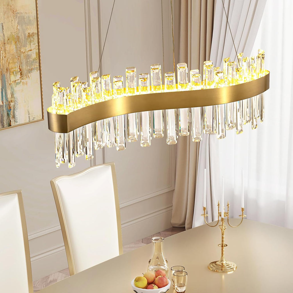 Siljoy Modern LED Crystal Chandelier, Luxury Brass Gold 2-Tiers K9 Crystal Raindrop Chandelier, Adjustable Height Linear Crystal Pendant Island Light for Living Dining Room Kitchen Island L30''