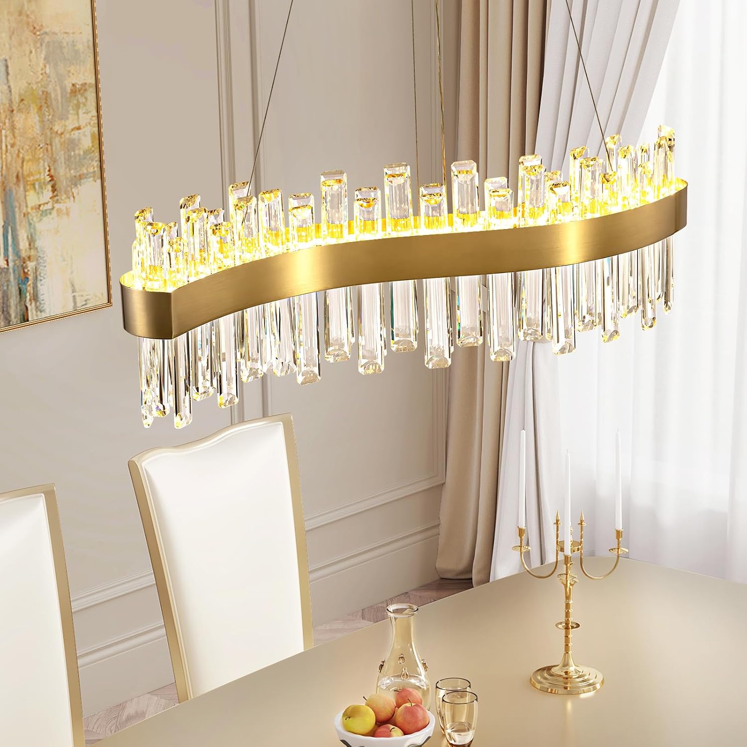 Siljoy Modern LED Crystal Chandelier, Luxury Brass Gold 2-Tiers K9 Crystal Raindrop Chandelier, Adjustable Height Linear Crystal Pendant Island Light for Living Dining Room Kitchen Island L30''