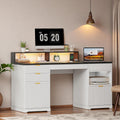 Fluted Desk with Drawers, 63' Home Office Executive Desk with Lift Top, Filing Cabinet, Gaming Desk Charging Station, Sensor Lights, Computer Table with Monitor Stand, White