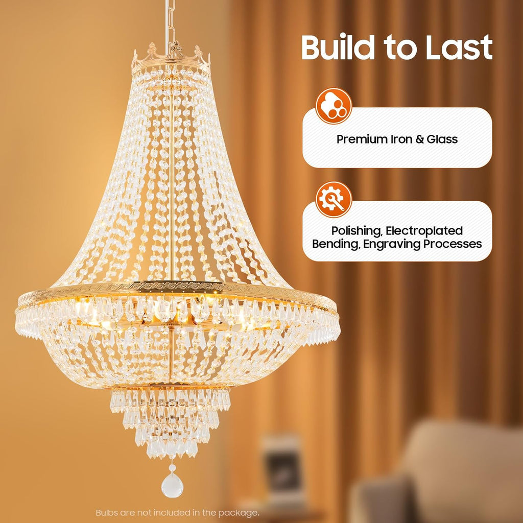 Luxury Crystal Chandelier, Modern Gold/Silver French Empire Crystal Ceiling Chandelier LED Ceiling Light Fixture Lamp Hanging Lighting Home Decor Lamp for Living Room Bedroom Foyer (Gold)