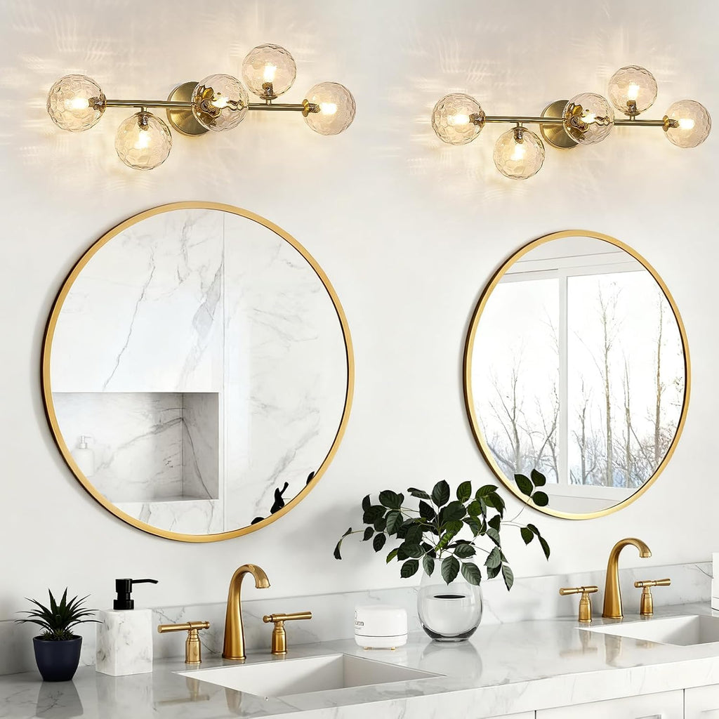 Gold Bathroom Vanity Light Fixtures: Modern Bath 5 Lights Brushed Golden Brass Wall Sconce - Vanity Light with Hammered Clear Globe Bubble Glass Shade - Midcentury Bathroom Lights Over Mirror G9 Base