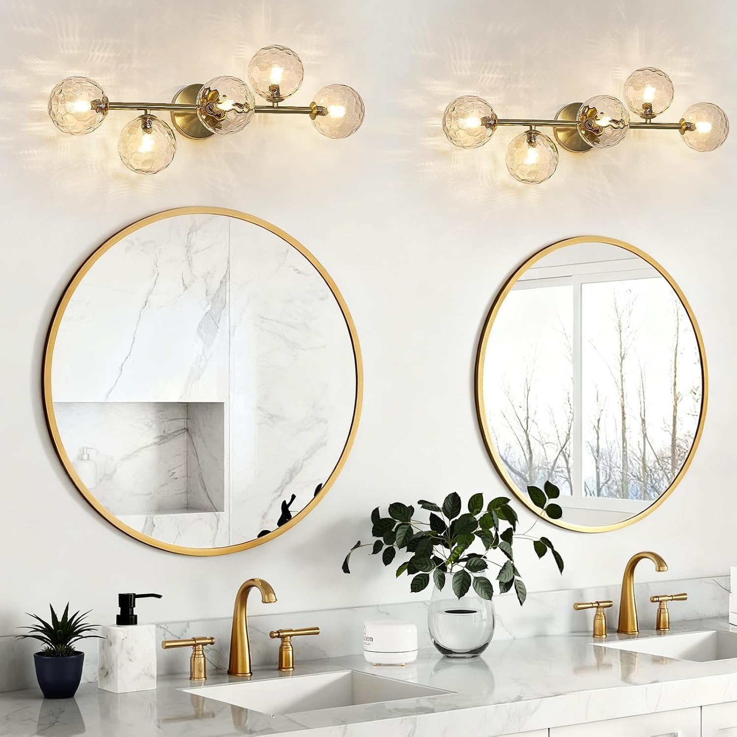 Gold Bathroom Vanity Light Fixtures: Modern Bath 5 Lights Brushed Golden Brass Wall Sconce - Vanity Light with Hammered Clear Globe Bubble Glass Shade - Midcentury Bathroom Lights Over Mirror G9 Base