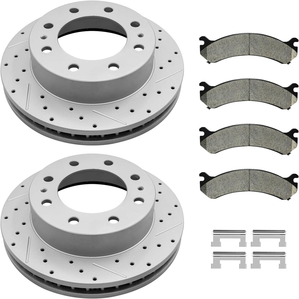Front Brake Kit, Drilled and Slotted Brake Rotor with Ceramic Pads for Chevy Avalanche Express Silverado Suburban Savana 1500 2500 3500 Hd, Gmc Sierra Yukon Xl 1500 2500 3500 Hd, Hummer H2