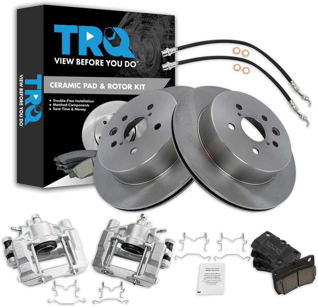 TRQ Rear Brake Pad and Rotor Set Ceramic Rotors Calipers Hoses Compatible with 2010-2013 Lexus IS250