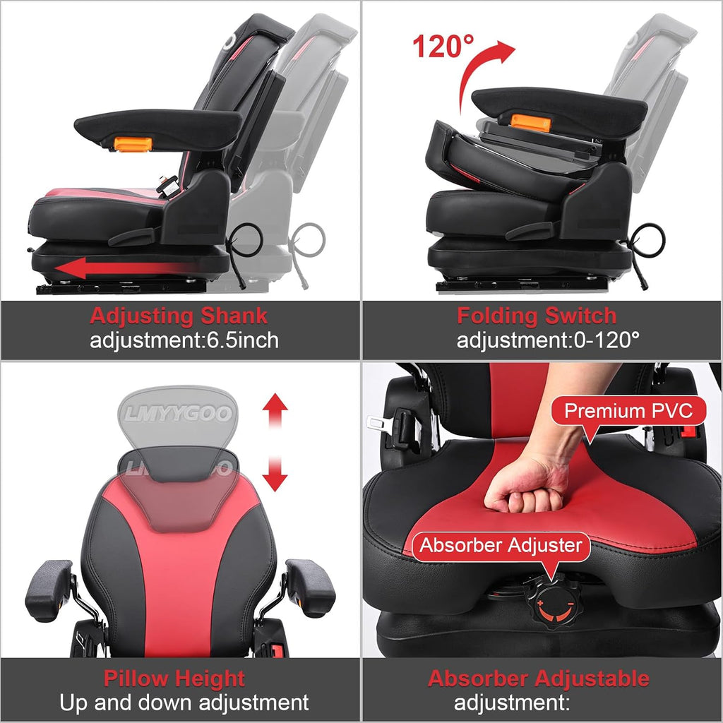 Universal Lawn Mover Seat, Zero Turn Mower Suspension Seat,Highback Low Suspension Forklift Seat with Adjustable Headrest,Adjustable Armrests Shock Absorber Heavy Duty Seat