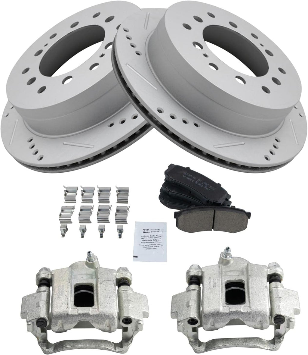TRQ Performance Rear Brake Pad and Rotor Set Ceramic Vented Coated Rotors Calipers Compatible with 2003-2009 Lexus GX470 2001-2007 Toyota Sequoia