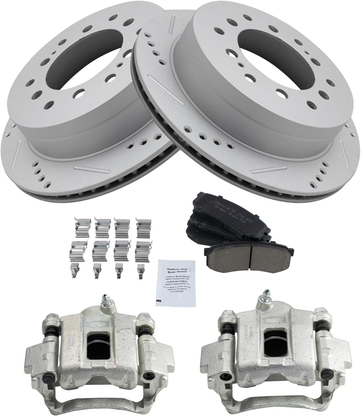 TRQ Performance Rear Brake Pad and Rotor Set Ceramic Vented Coated Rotors Calipers Compatible with 2003-2009 Lexus GX470 2001-2007 Toyota Sequoia