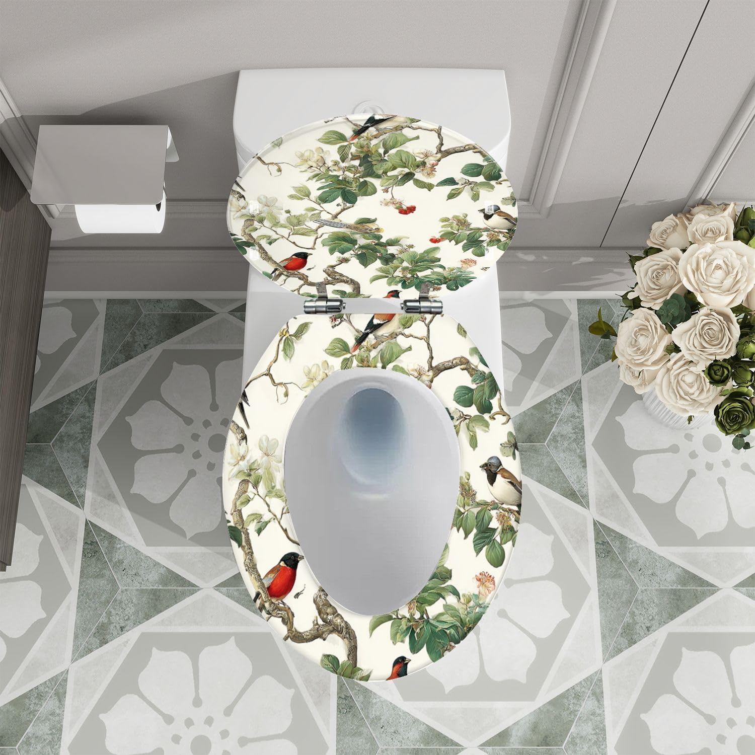 Elongated Toilet Seat Botanical Birds Floral Branches Vibrant Green Leaves Delicate Blooms Resin Toilet Seat Quietly Close Quick Release Hinges with Cover Bumpers Decorative Easy to Install Clean