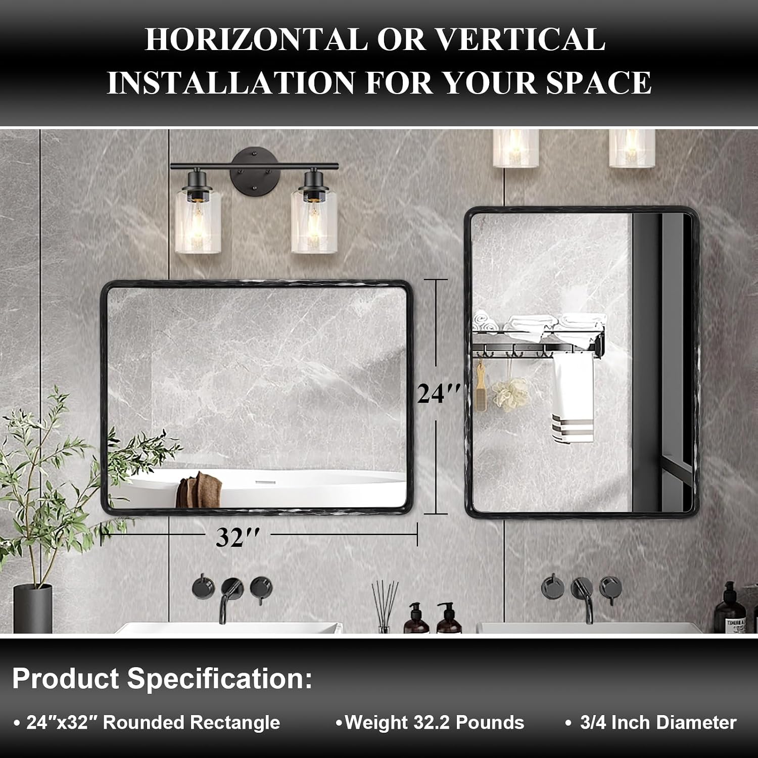 ANDY STAR Hand-Forged Black Bathroom Mirrors for Wall, 24x32 Inch Vintage Solid Steel Metal Frame Bathroom Vanity Mirror, Antique Rounded Rectangle Wall Mirror, Hangs Horizontally or Vertically