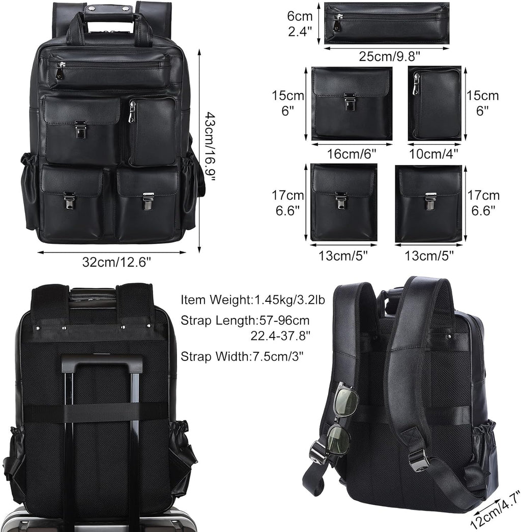 Masa Kawa Black Leather Backpack for Men 15.6 Inch Laptop Bag Multi Pockets Casual Work Business Travel Daypack