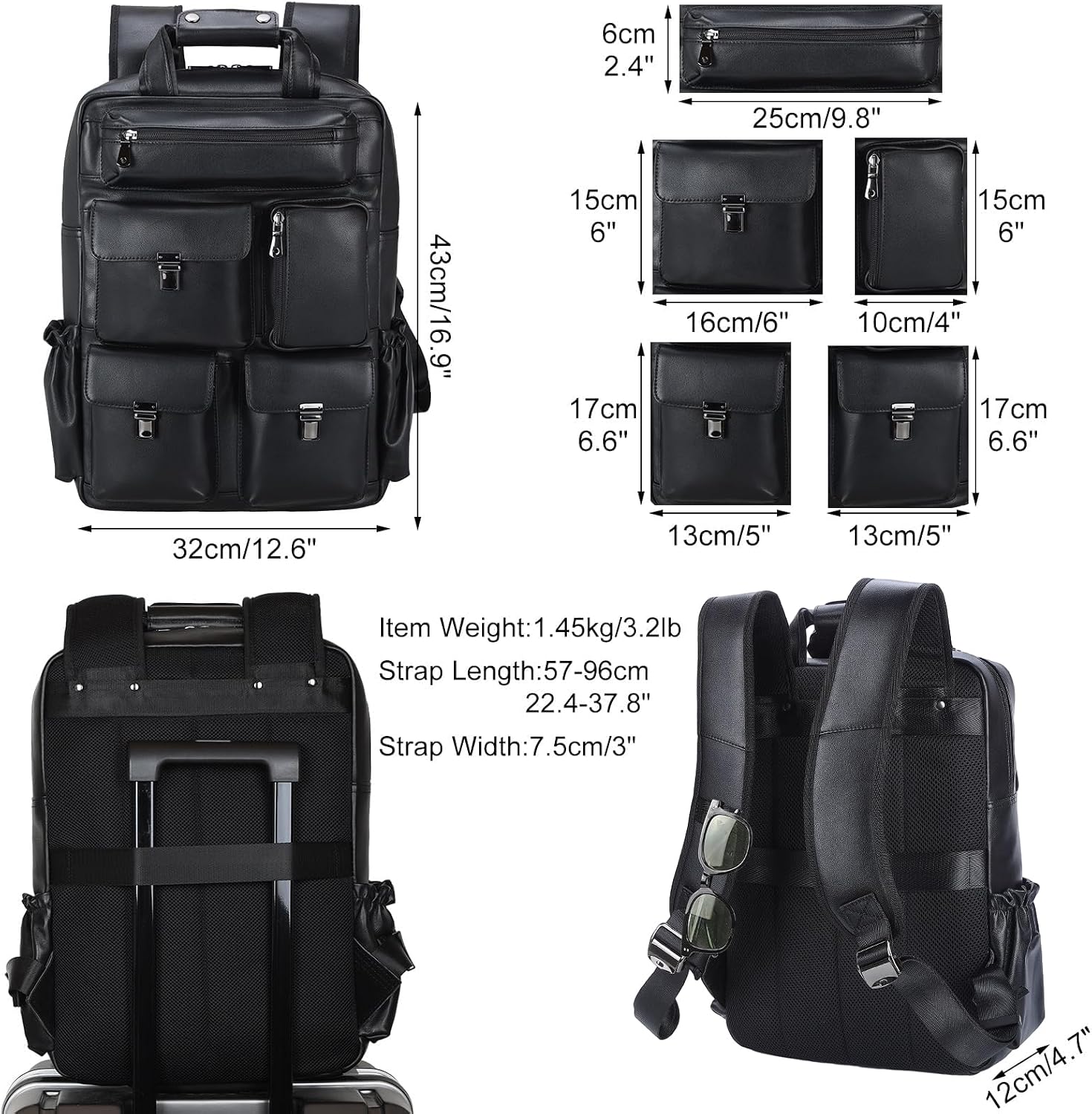 Masa Kawa Black Leather Backpack for Men 15.6 Inch Laptop Bag Multi Pockets Casual Work Business Travel Daypack