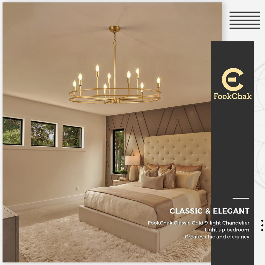 Brushed Gold Chandelier Light Fixture 9-Light Round Dining Room Chandelier Over Table Brass Chandeliers Lighting for Master Bedroom 35in Metal Chandeliers for Living Room Foyer Bathroom