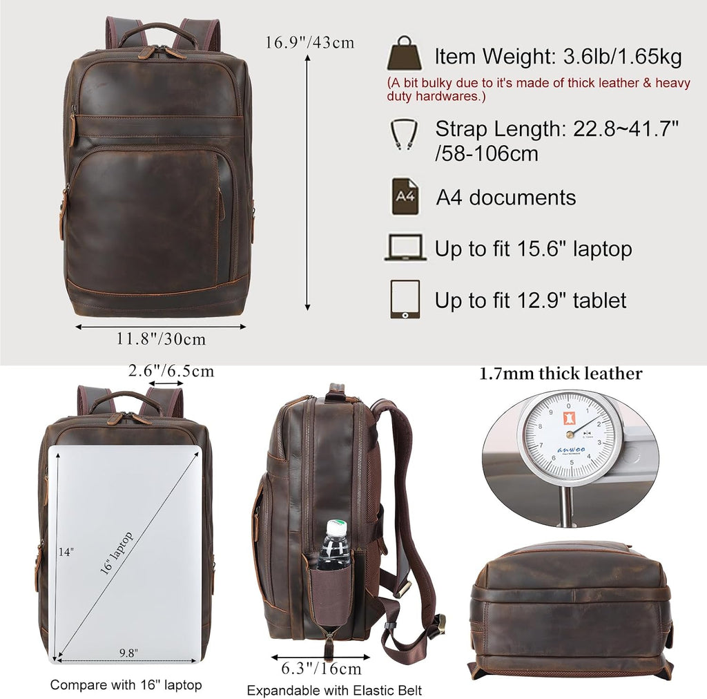 Masa Kawa Brown Leather Laptop Backpack for Men Fits 16' 15.6' Computer, Vintage Business Travel Work Large Daypack Weekender Bag Camping Rucksack