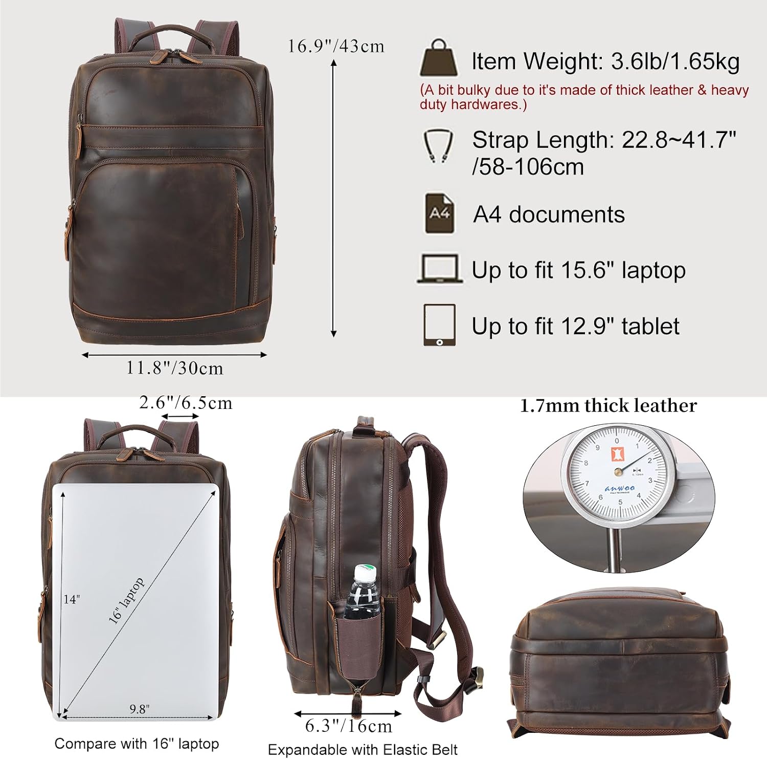 Masa Kawa Brown Leather Laptop Backpack for Men Fits 16' 15.6' Computer, Vintage Business Travel Work Large Daypack Weekender Bag Camping Rucksack
