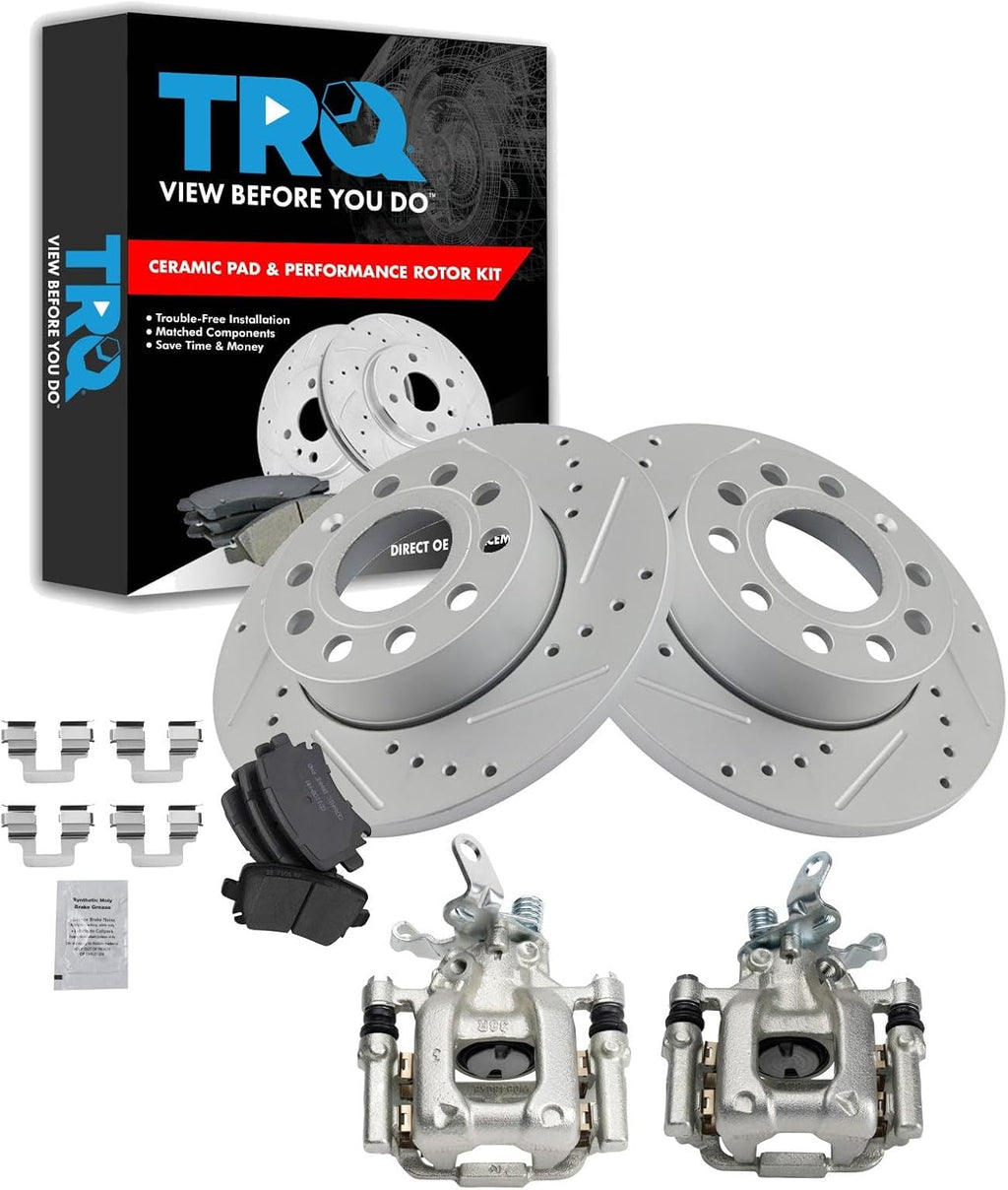 TRQ Performance Rear Brake Pad and Rotor Set Ceramic Solid Rotors Calipers Compatible with 2010 Audi A3 A3 Quattro