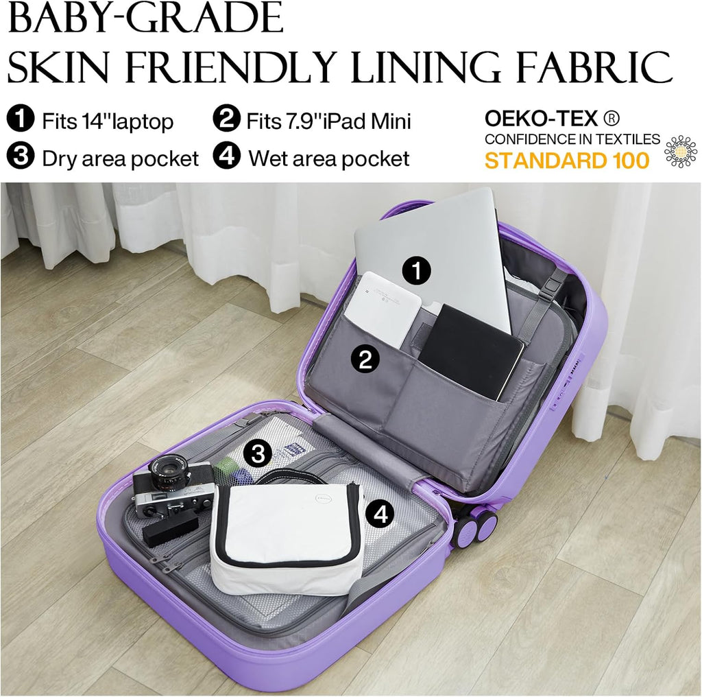 mixi Carry on Luggage, Suitcase with Spinner Wheels 16in Luggage Hardshell Lightweight Rolling Suitcases PC with Cover & TSA Lock, Lilac Purple