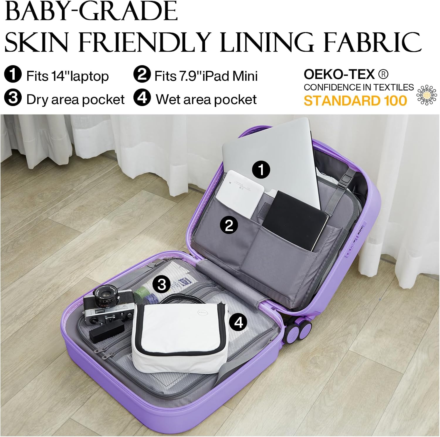 mixi Carry on Luggage, Suitcase with Spinner Wheels 16in Luggage Hardshell Lightweight Rolling Suitcases PC with Cover & TSA Lock, Lilac Purple