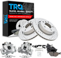 TRQ Performance Rear Brake Pad and Rotor Set Ceramic Drilled Slotted Coated Rotors Calipers Compatible with 2000 BMW 323Ci 323i 2001-2003 325Ci 325i