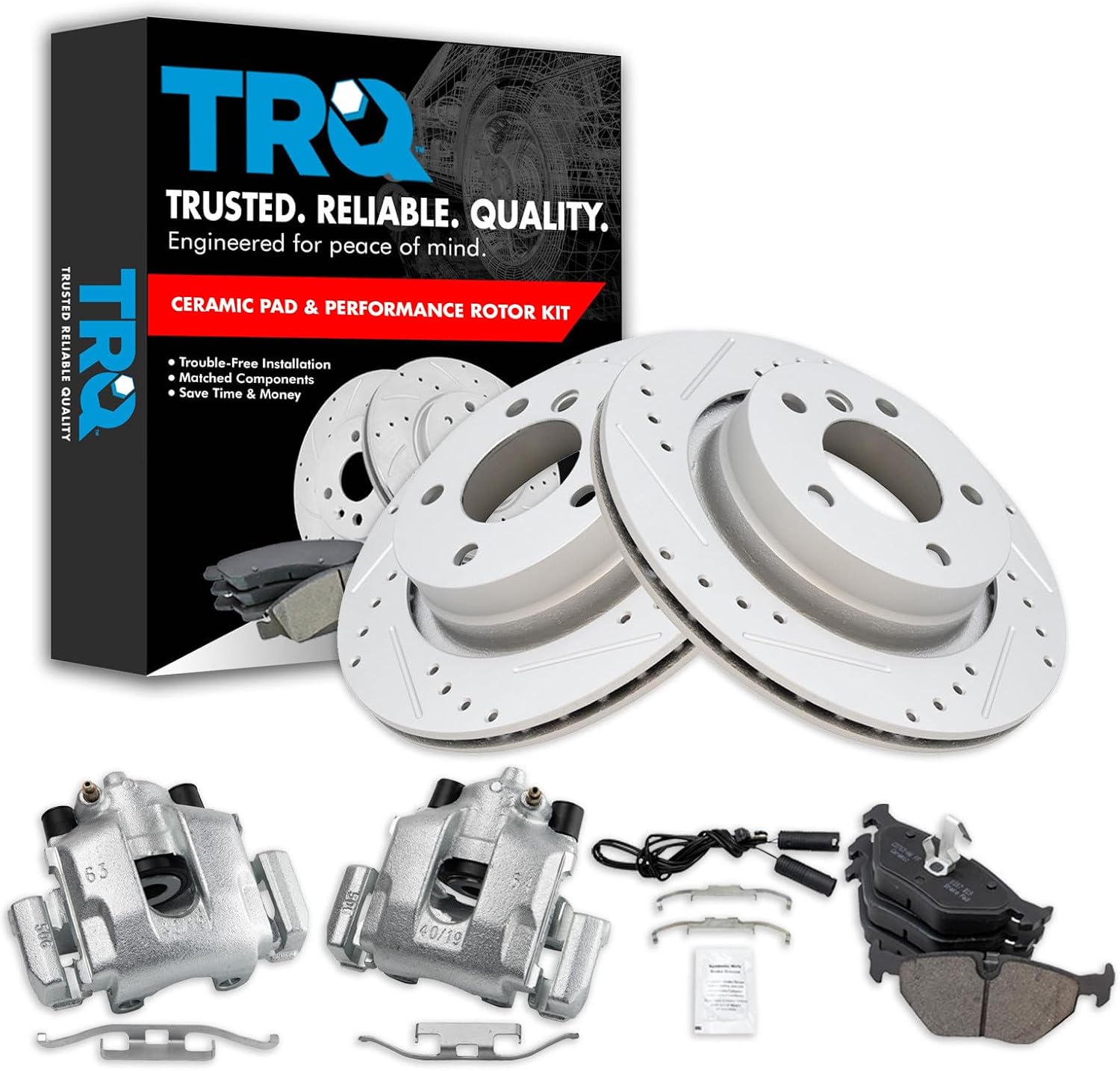 TRQ Performance Rear Brake Pad and Rotor Set Ceramic Drilled Slotted Coated Rotors Calipers Compatible with 2000 BMW 323Ci 323i 2001-2003 325Ci 325i