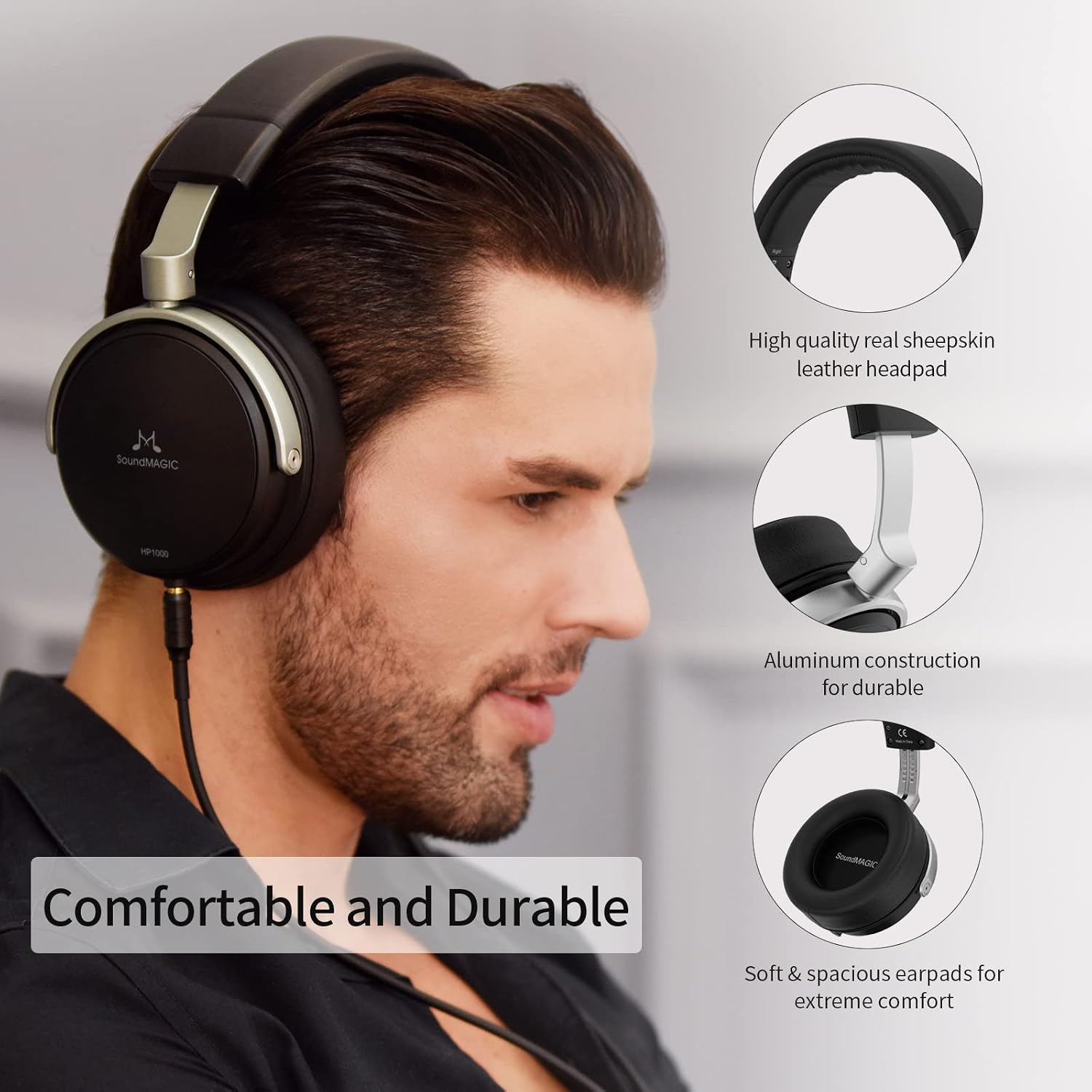SoundMAGIC HP1000 Over Ear Audiophile Headphones HiFi Stereo Premium Music Headset Wired with Noise Isolation, Closed Back Hi-Res Audio for DJ Studio Professional Monitor for Musician, Black
