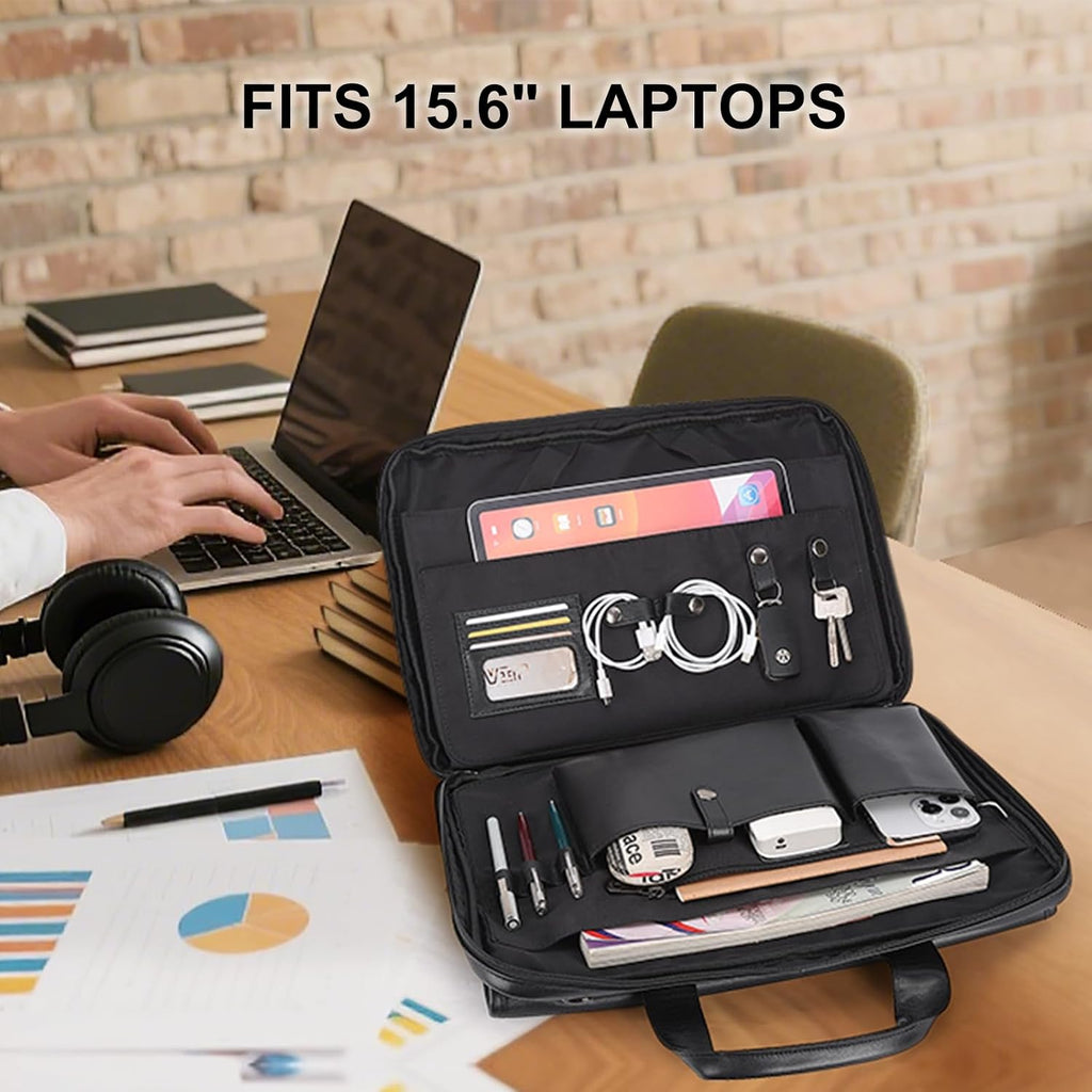 Masa Kawa Leather Briefcase for Men Slim 15.6' Laptop Bag Waterproof Crossbody Shoulder Messenger Computer Attache Case for Business Work, Black