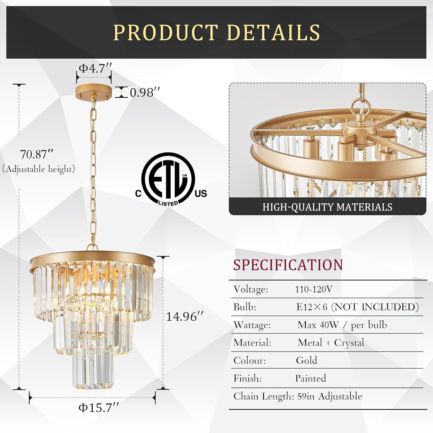CATINER Gold Crystal Chandeliers 16' Modern 6-Light Small Pendant Light Luxury 3 Tiers K9 Crystal Ceiling Pendant Round Light Fixture for Dining Room Entryway Kitchen Bedroom Closet