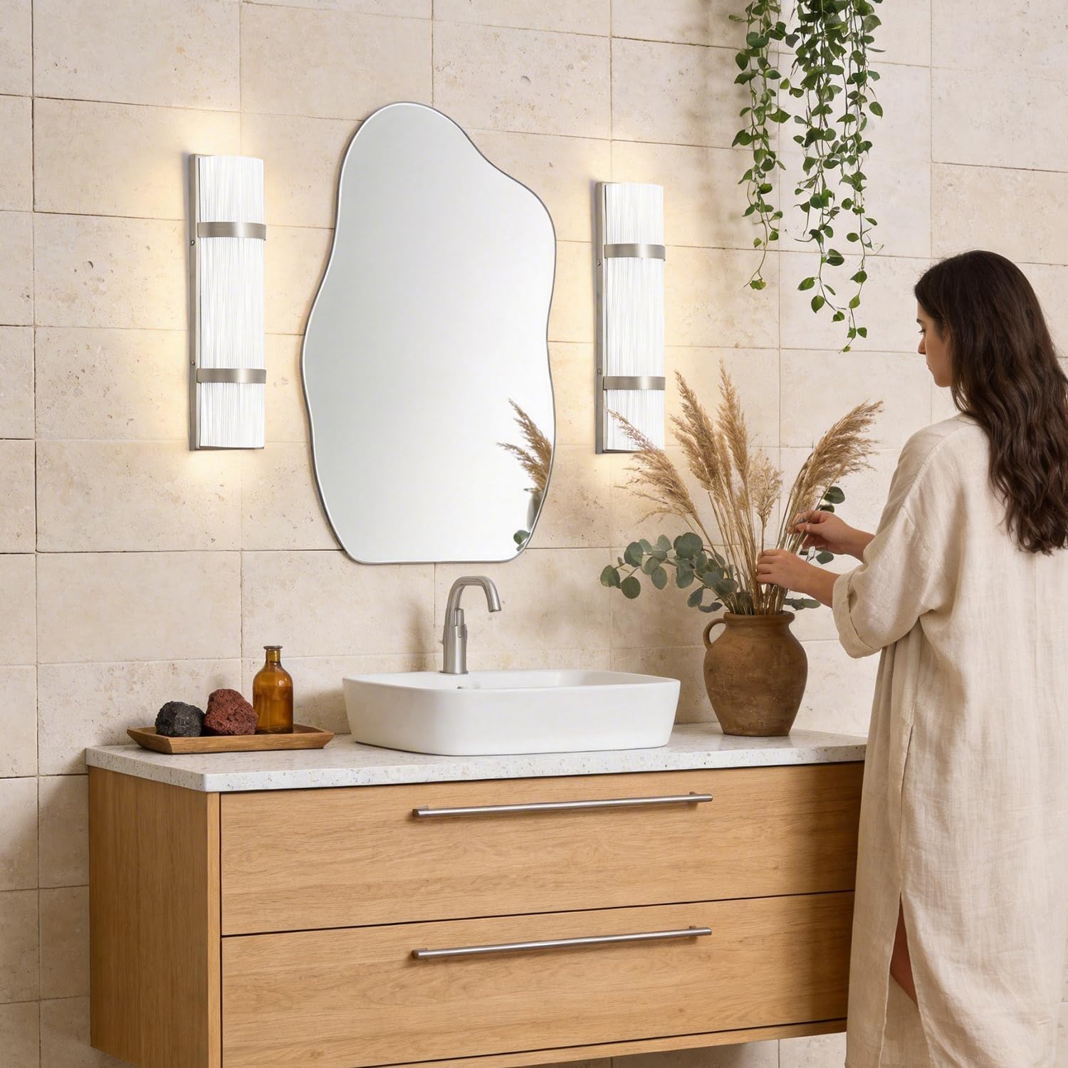 LED Bathroom 16 Inch Vanity Lighting Fixtures | CRI 90 4000K Brushed Nickel Wall Sconce Set of Two with White Frosted Glass Shade | 120V 15W 1200LM Dimmable with Dimmer Switch(not Included)