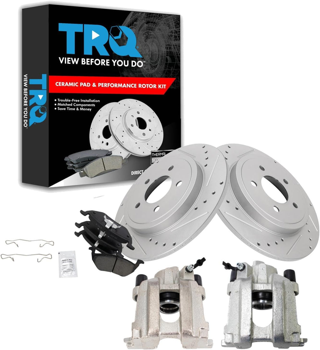 TRQ Performance Rear Ceramic Brake Pad and Rotor Set Includes Calipers Drilled Slotted Coated Compatible with 2005-2008 Ford Escape 2005-2008 Mercury Mariner 2005-2006 2008 Mazda Tribute