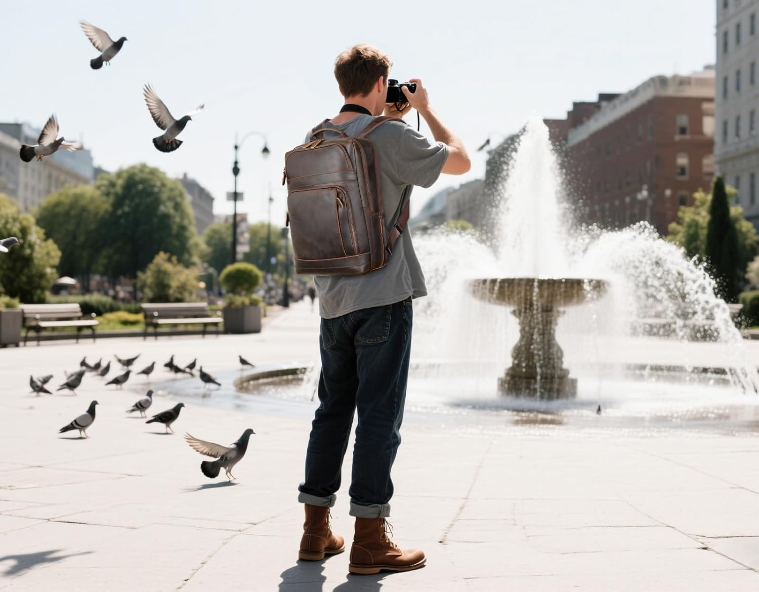 Masa Kawa Brown Leather Laptop Backpack for Men Fits 16' 15.6' Computer, Vintage Business Travel Work Large Daypack Weekender Bag Camping Rucksack