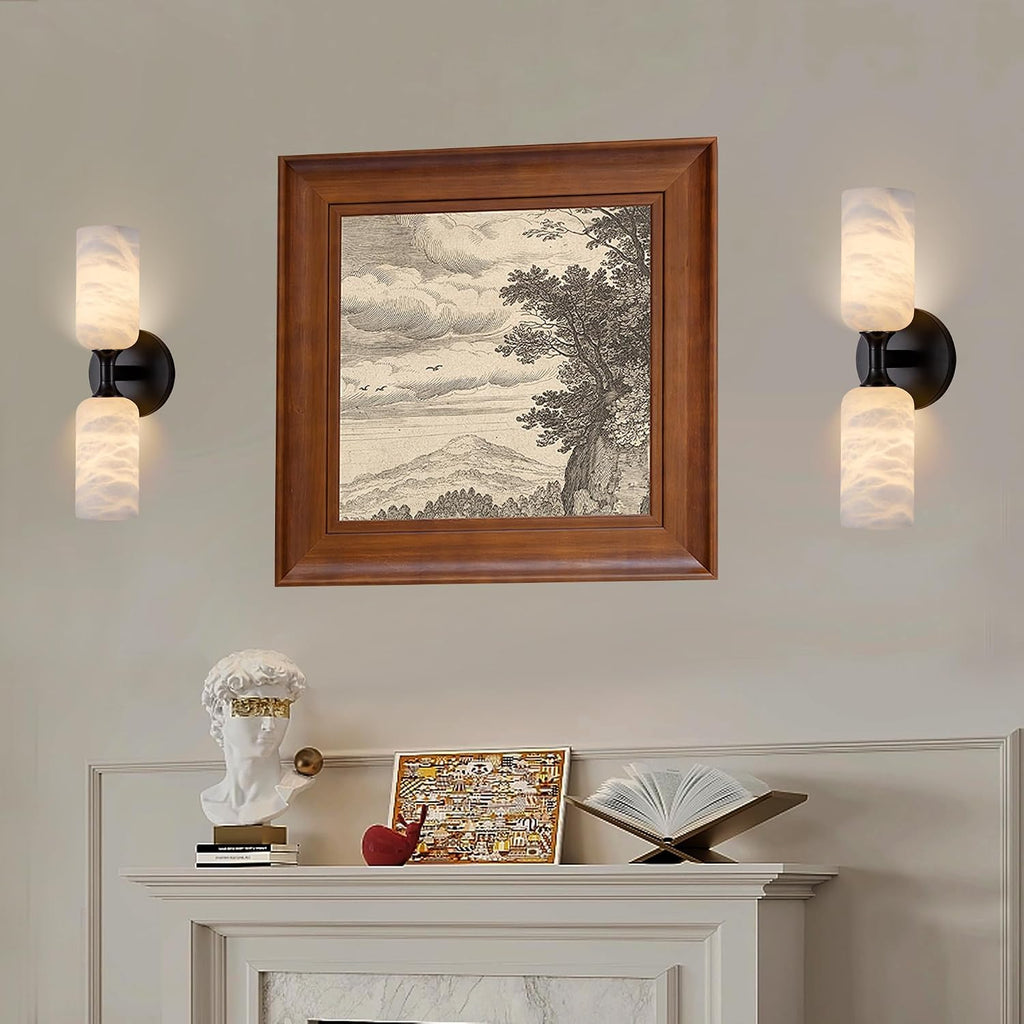 Alabaster Wall Sconce, 14in Modern Spanish Natural Marble Bathroom Vanity Sconces, Unique Indoor Black Wall Lighting Fixtures Decor for Bedroom Living Room Staircases